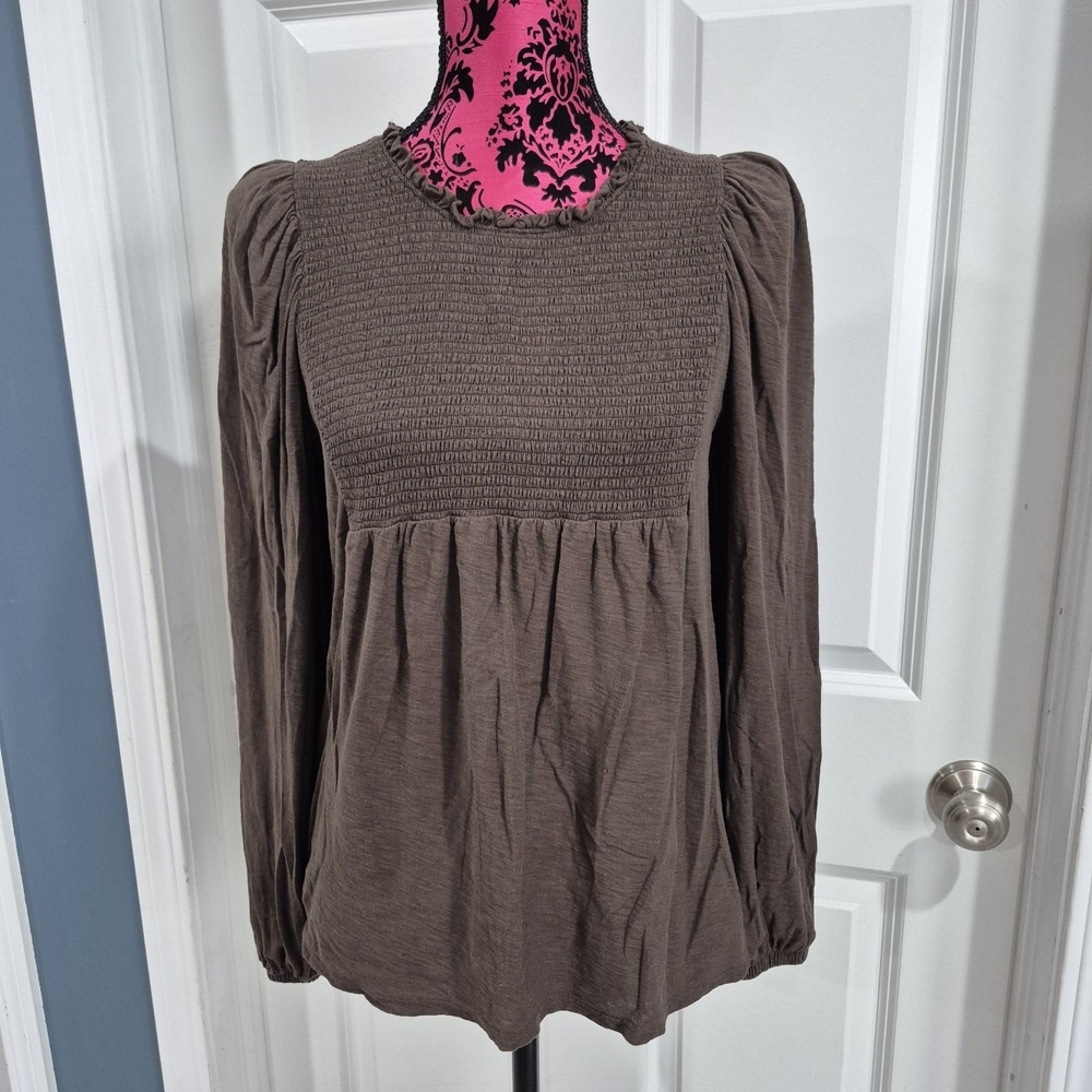 Nation LTD Top Womens Medium Brown Smocked Babydoll Marion Puff Shoulder Boho